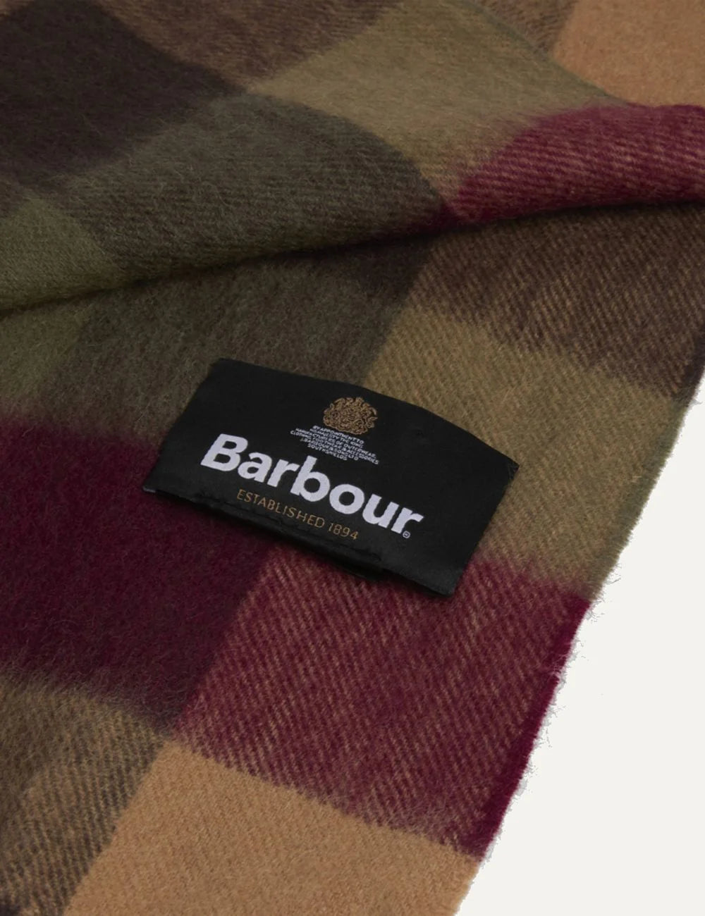 Barbour unisex wool scarf with burgundy olive brown and beige tattersall check pattern and fringed edges detail