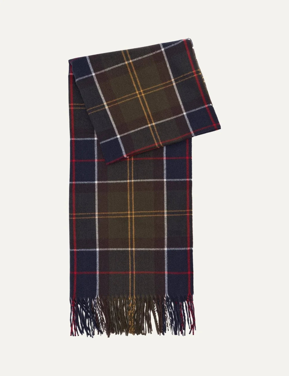 Barbour women Hailes navy tartan scarf wrap with olive red white and mustard check pattern and fringed edges