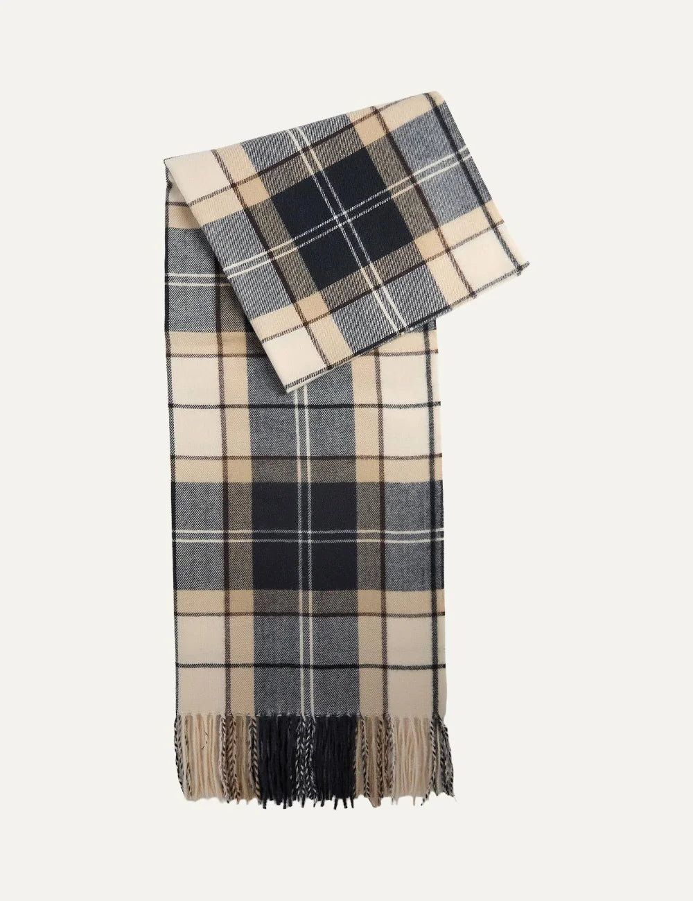 Barbour women Hailes ecru tartan scarf wrap with black grey and beige check pattern and fringed edges