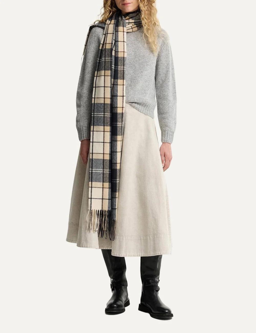 Barbour women Hailes ecru tartan scarf wrap with black grey and beige check pattern and fringed edges full body