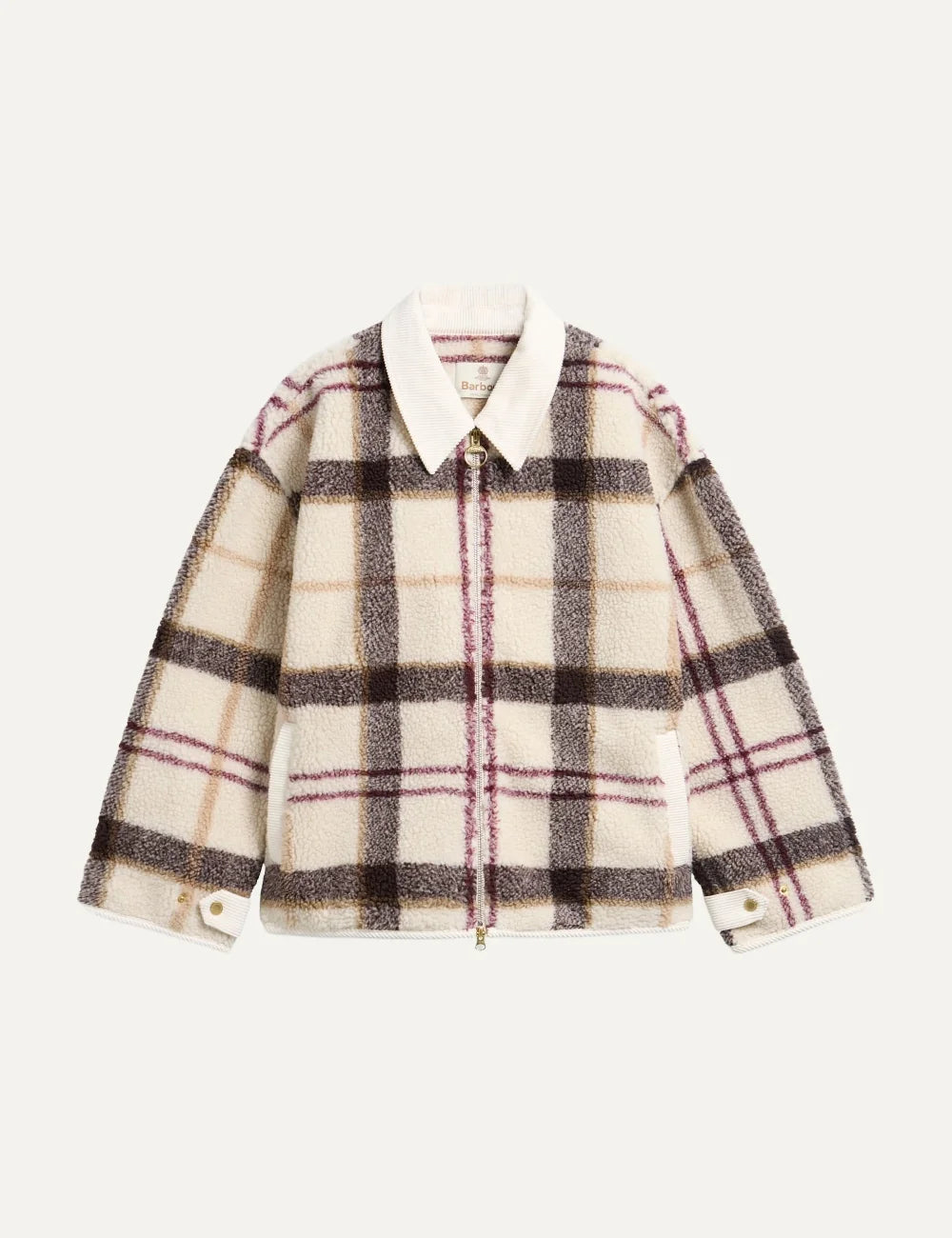 Barbour women Hazelwood ecru tartan fleece jacket with brown burgundy check pattern and corduroy collar