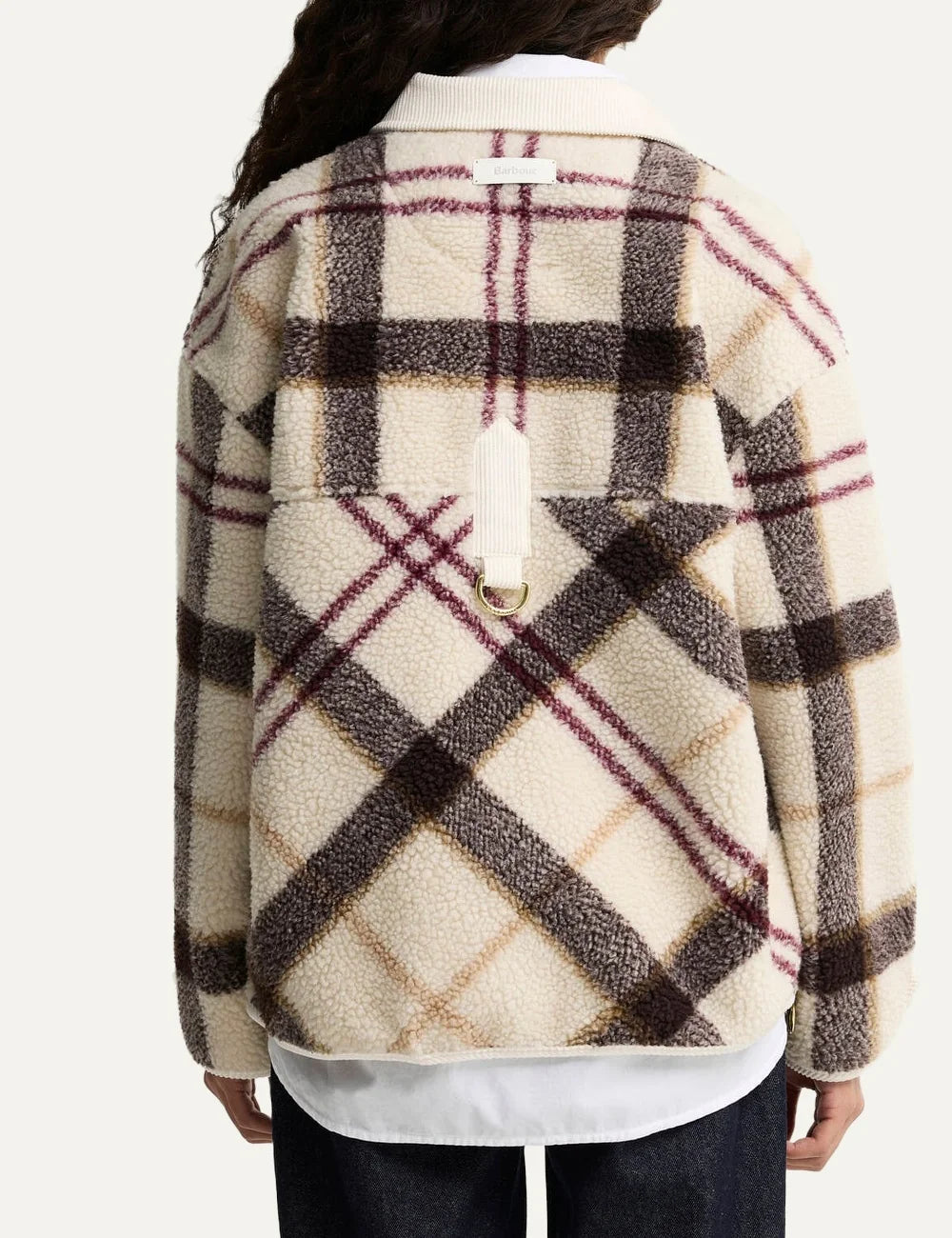 Barbour women Hazelwood ecru tartan fleece jacket with brown burgundy check pattern and corduroy collar back