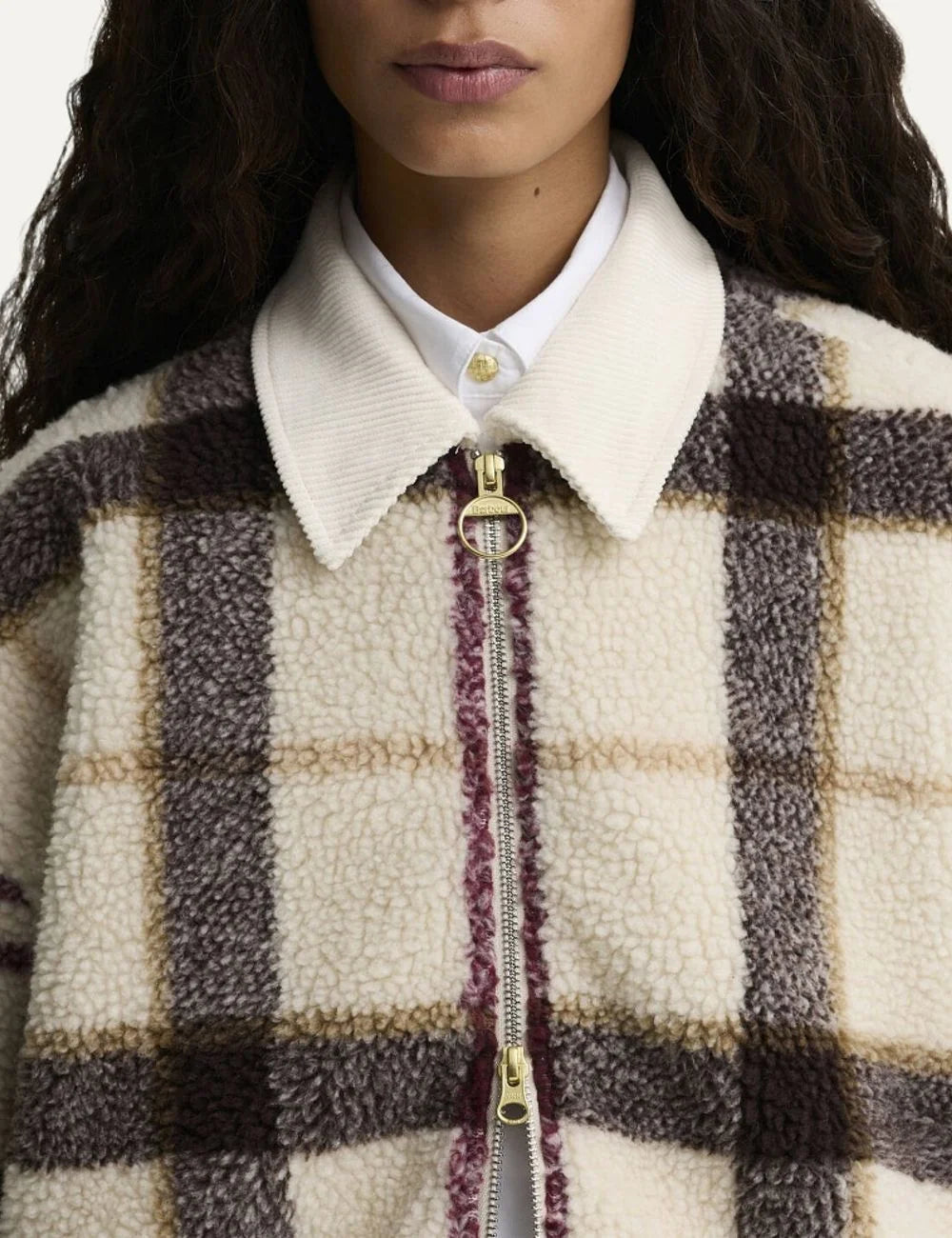 Barbour women Hazelwood ecru tartan fleece jacket with brown burgundy check pattern and corduroy collar detail