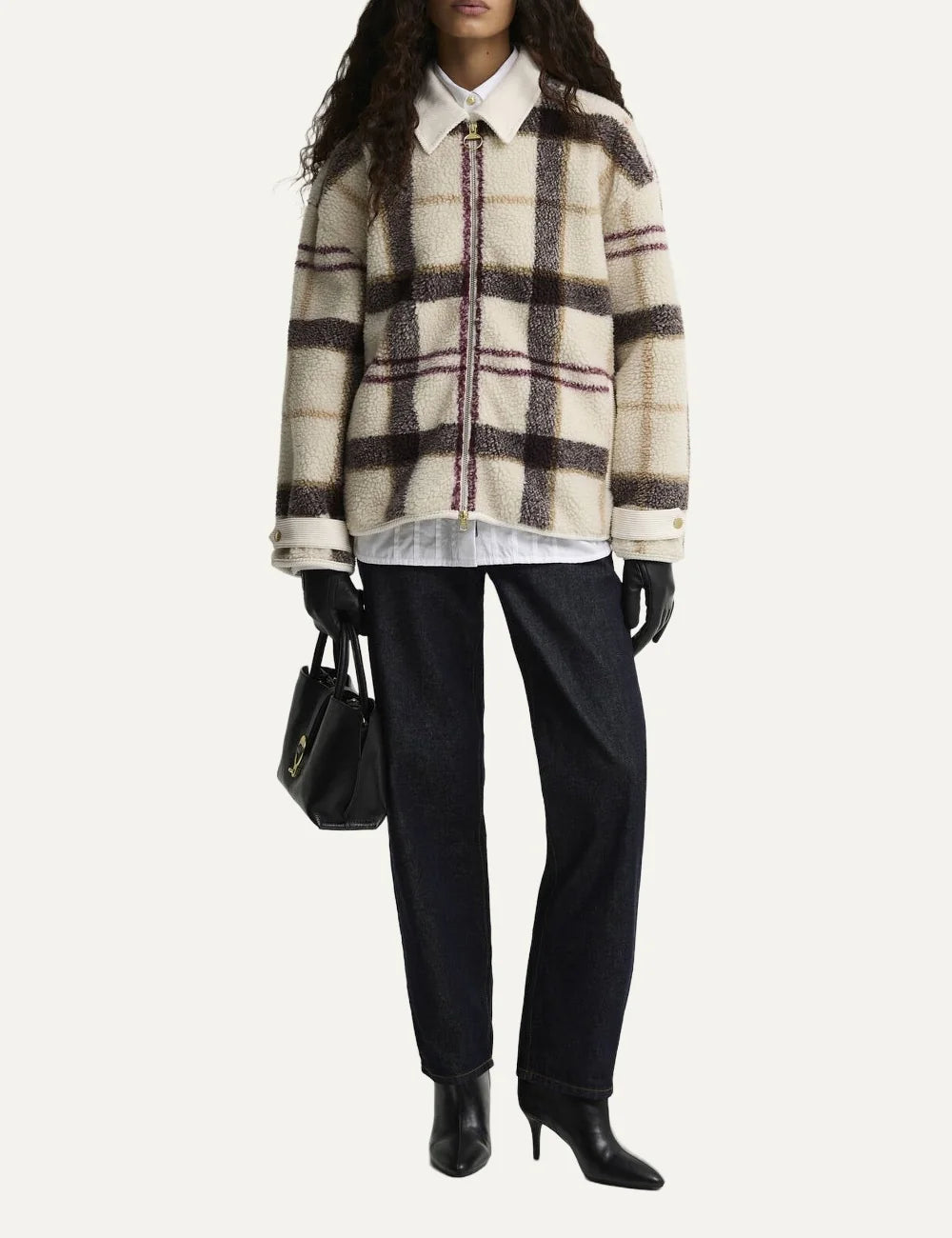 Barbour women Hazelwood ecru tartan fleece jacket with brown burgundy check pattern and corduroy collar full body
