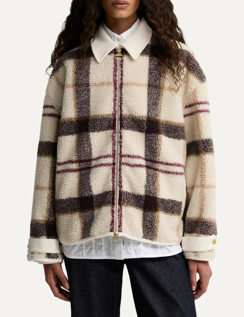 Barbour women Hazelwood ecru tartan fleece jacket with brown burgundy check pattern and corduroy collar model
