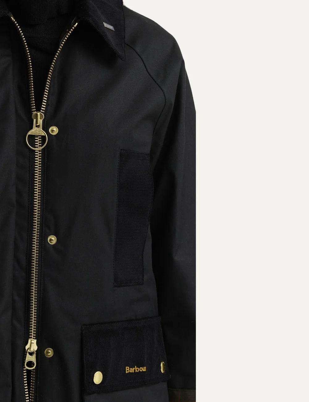 Barbour women Icons Modern Beaufort black waxed cotton jacket with corduroy collar tartan lining and utility pockets detail