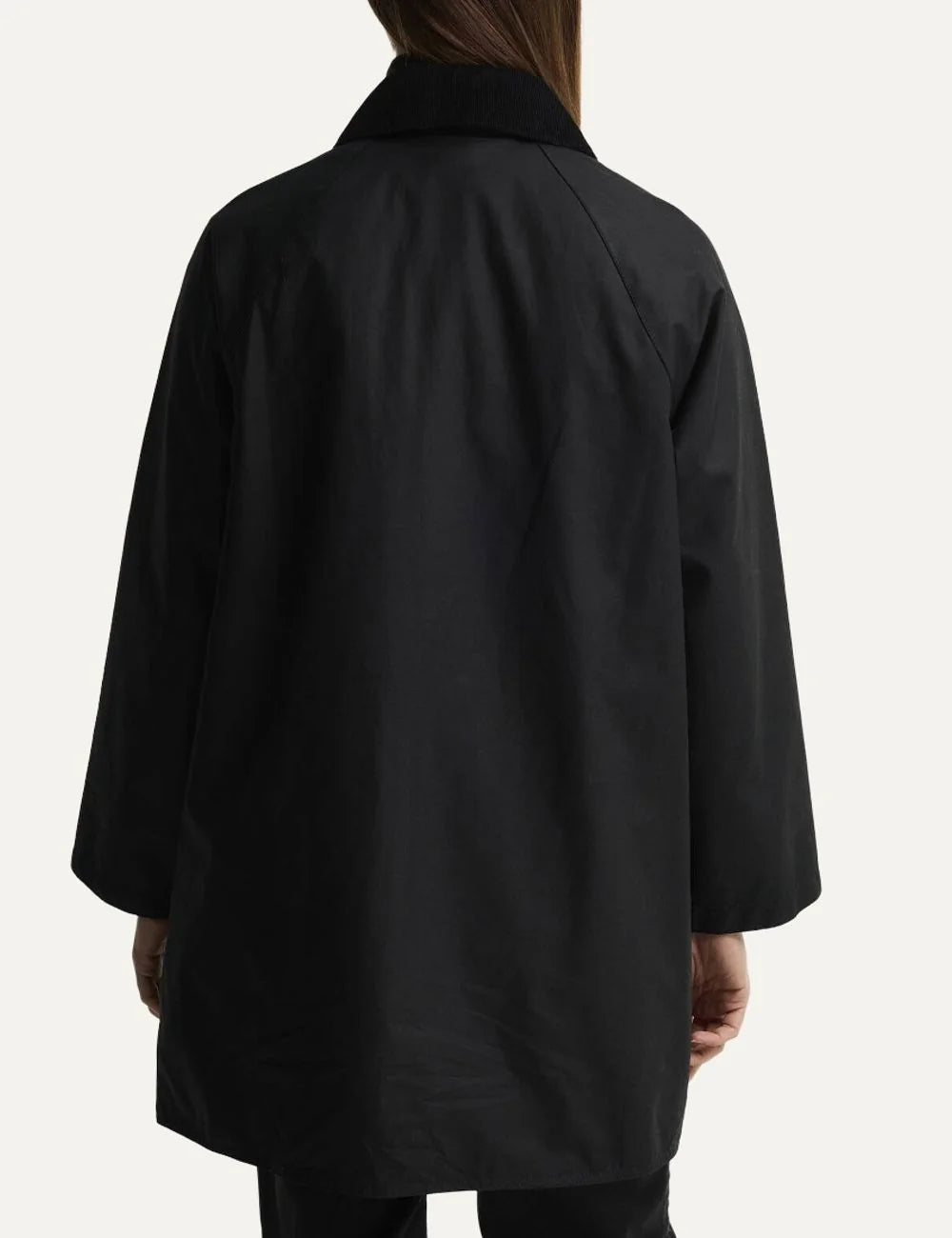 Barbour women Icons Modern Beaufort black waxed cotton jacket with corduroy collar tartan lining and utility pockets back