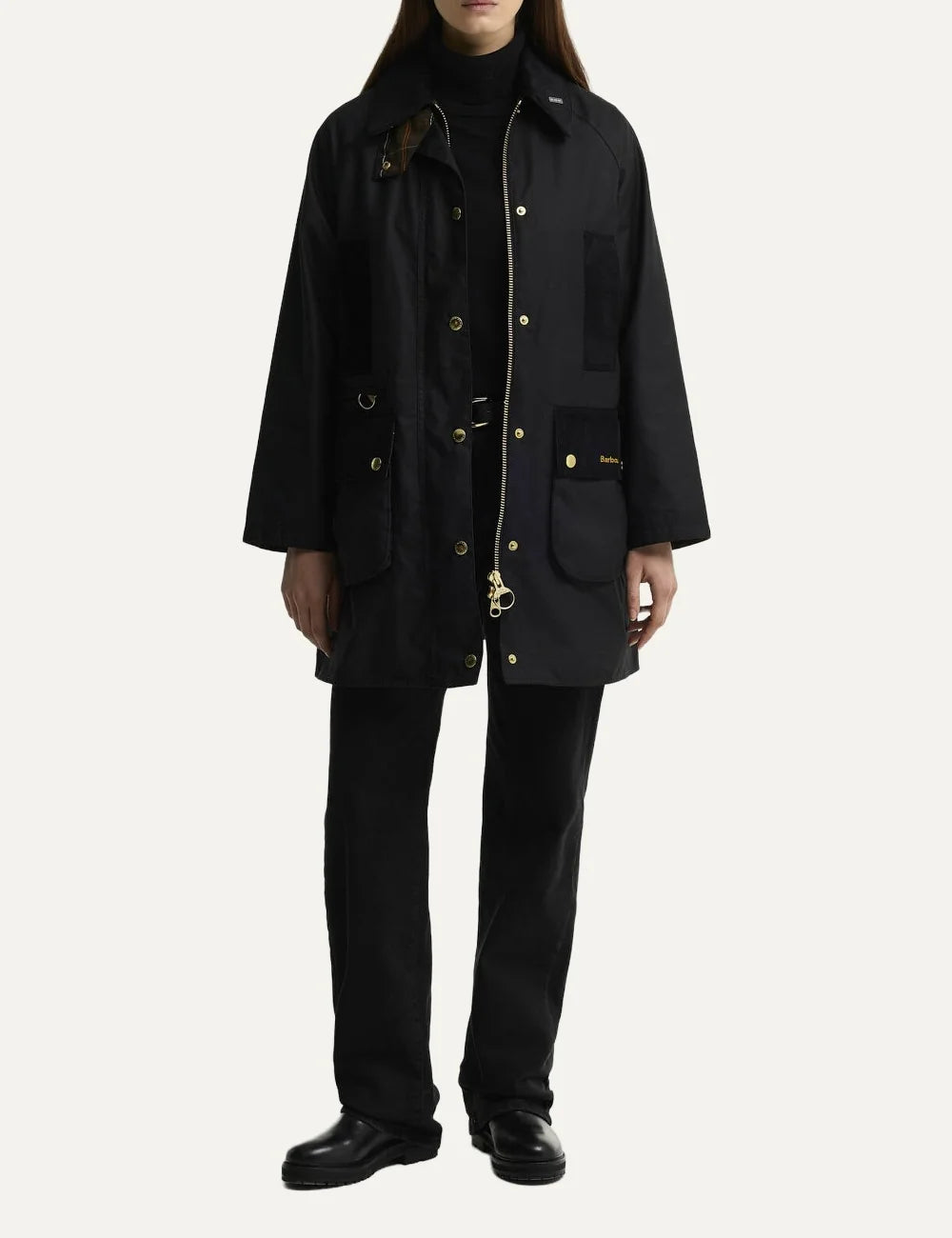 Barbour women Icons Modern Beaufort black waxed cotton jacket with corduroy collar tartan lining and utility pockets full body