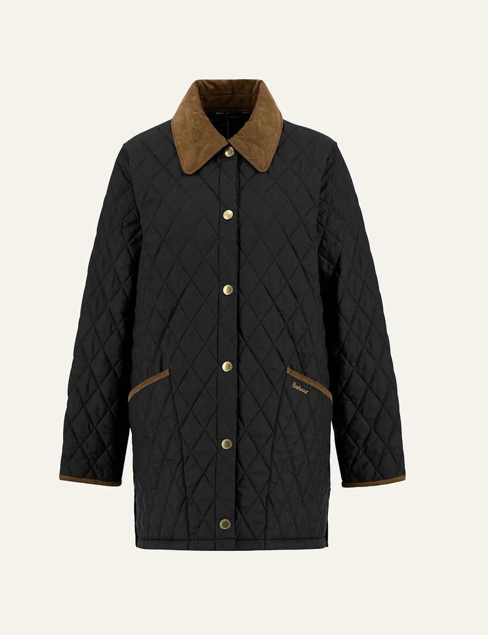 Barbour women Icons Modern Liddesdale black quilted jacket with brown corduroy collar and patch pockets