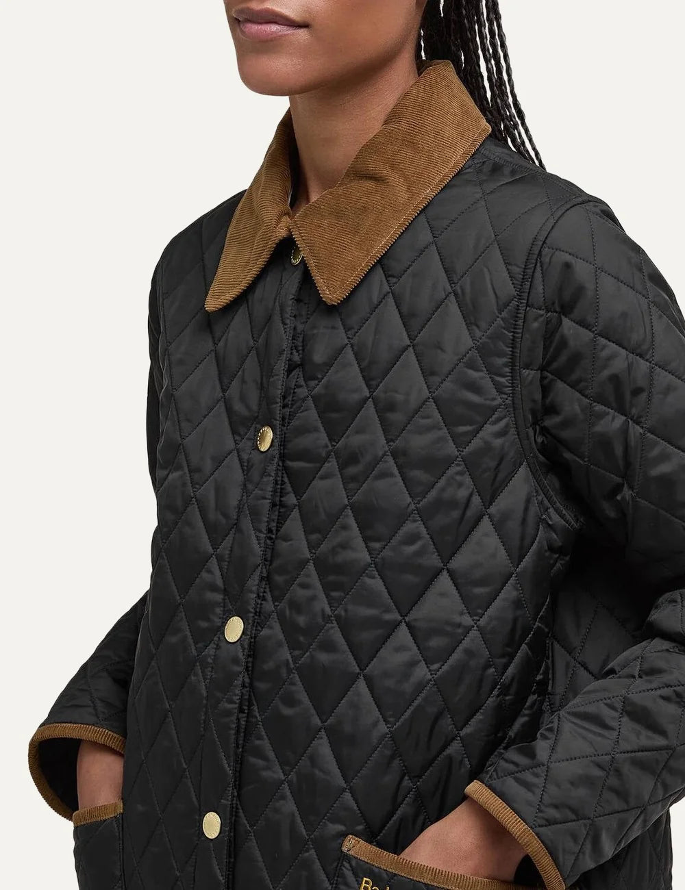 Barbour women Icons Modern Liddesdale black quilted jacket with brown corduroy collar and patch pockets side