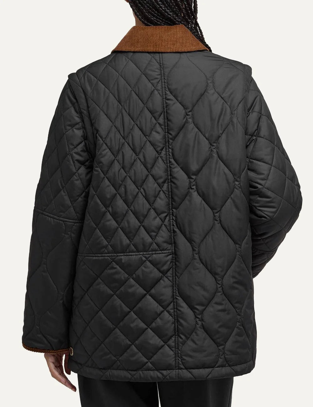 Barbour women Icons Modern Liddesdale black quilted jacket with brown corduroy collar and patch pockets back