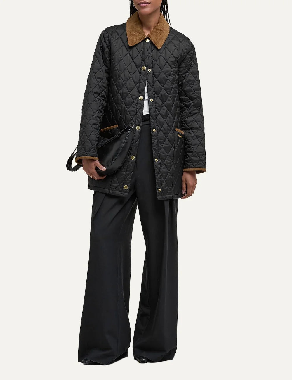 Barbour women Icons Modern Liddesdale black quilted jacket with brown corduroy collar and patch pockets full body
