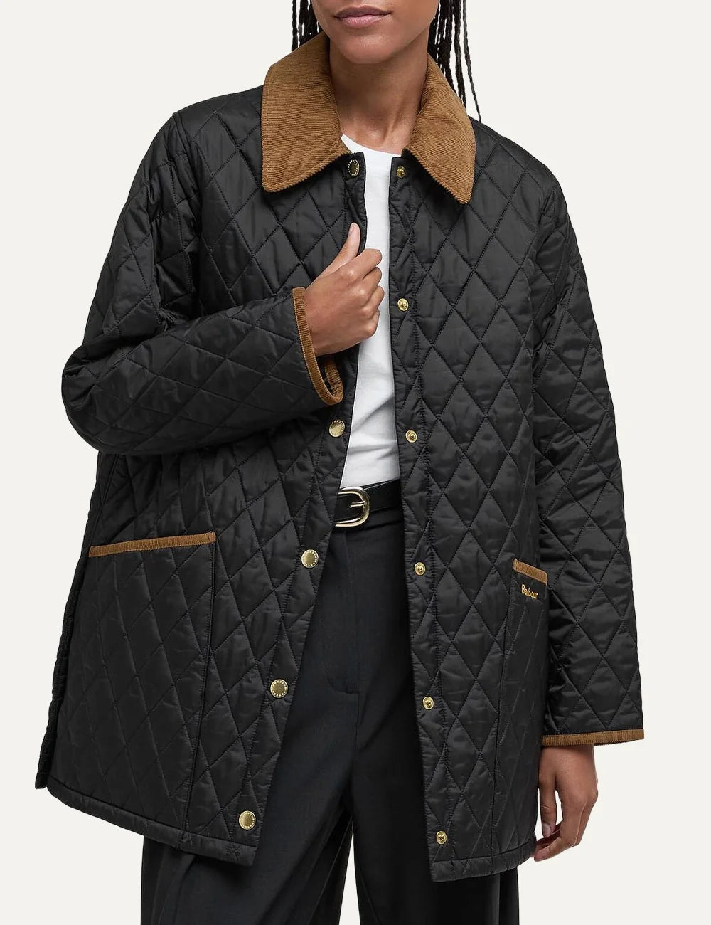 Barbour women Icons Modern Liddesdale black quilted jacket with brown corduroy collar and patch pockets detail