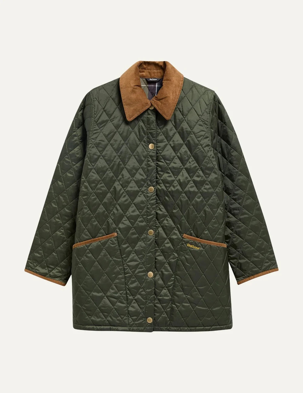 Barbour women Icons Modern Liddesdale olive quilted jacket with brown corduroy collar and patch pockets