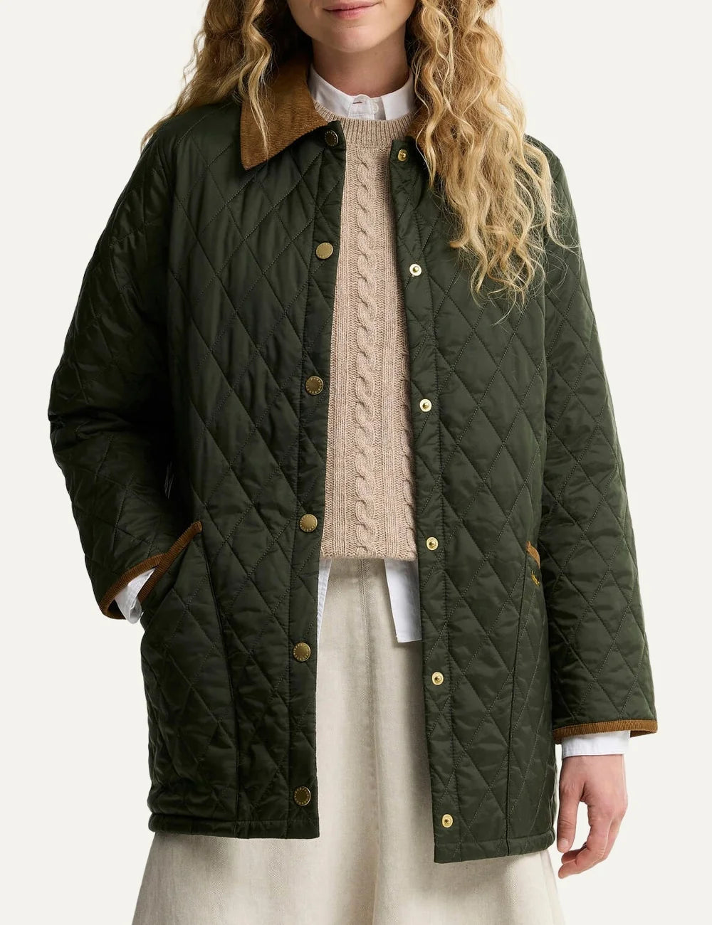 Barbour women Icons Modern Liddesdale olive quilted jacket with brown corduroy collar and patch pockets  model