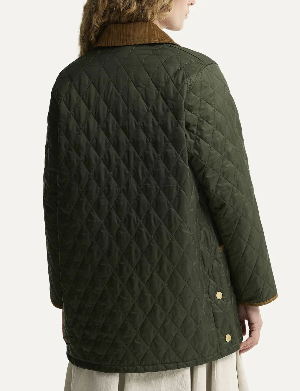 Barbour women Icons Modern Liddesdale olive quilted jacket with brown corduroy collar and patch pockets back