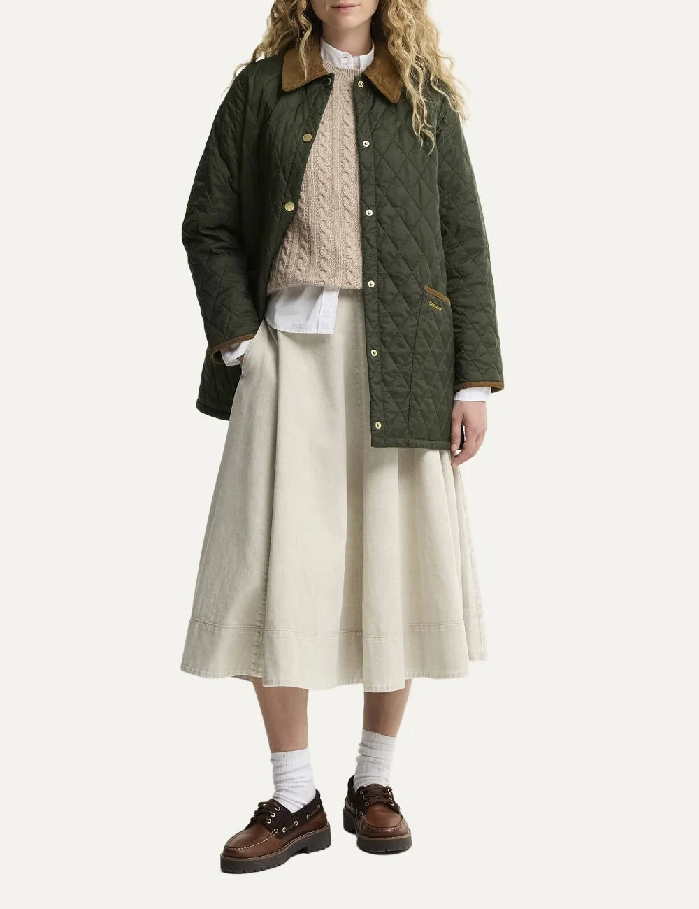 Barbour women Icons Modern Liddesdale olive quilted jacket with brown corduroy collar and patch pockets full body