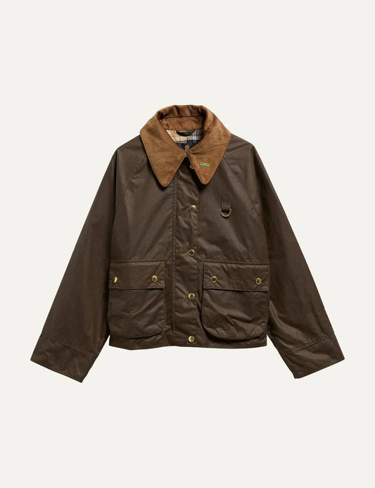Barbour women Icons Modern Spey dark brown waxed cotton jacket with corduroy collar patch pockets and D-ring detail