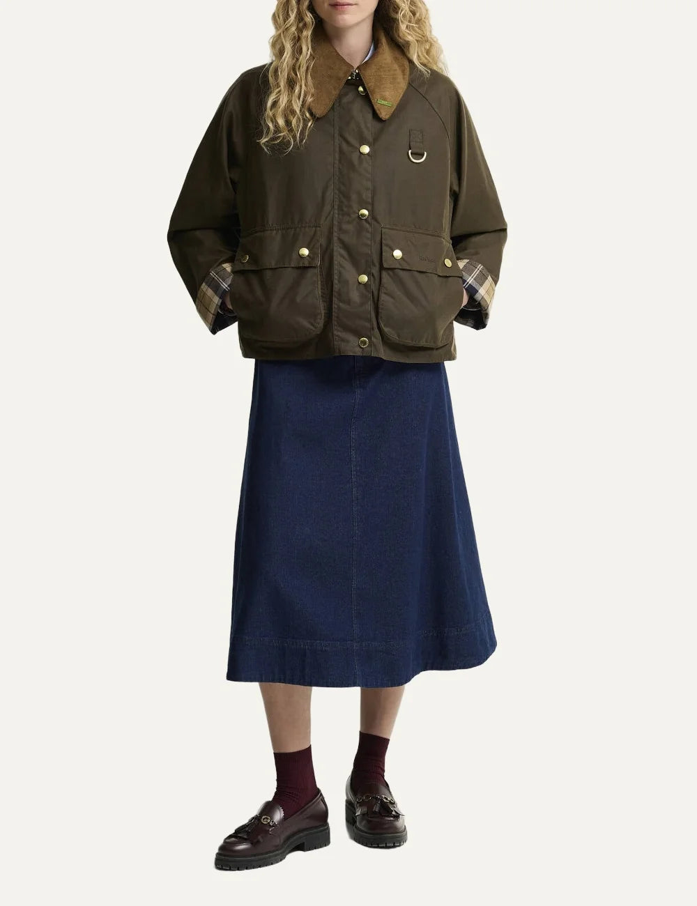 Barbour women Icons Modern Spey dark brown waxed cotton jacket with corduroy collar patch pockets and D-ring detail full body