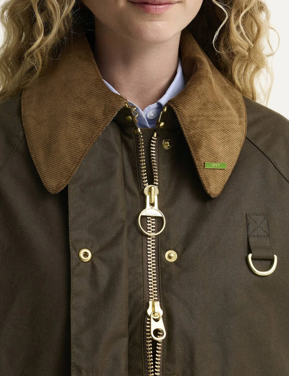 Barbour women Icons Modern Spey dark brown waxed cotton jacket with corduroy collar patch pockets and D-ring detail collar