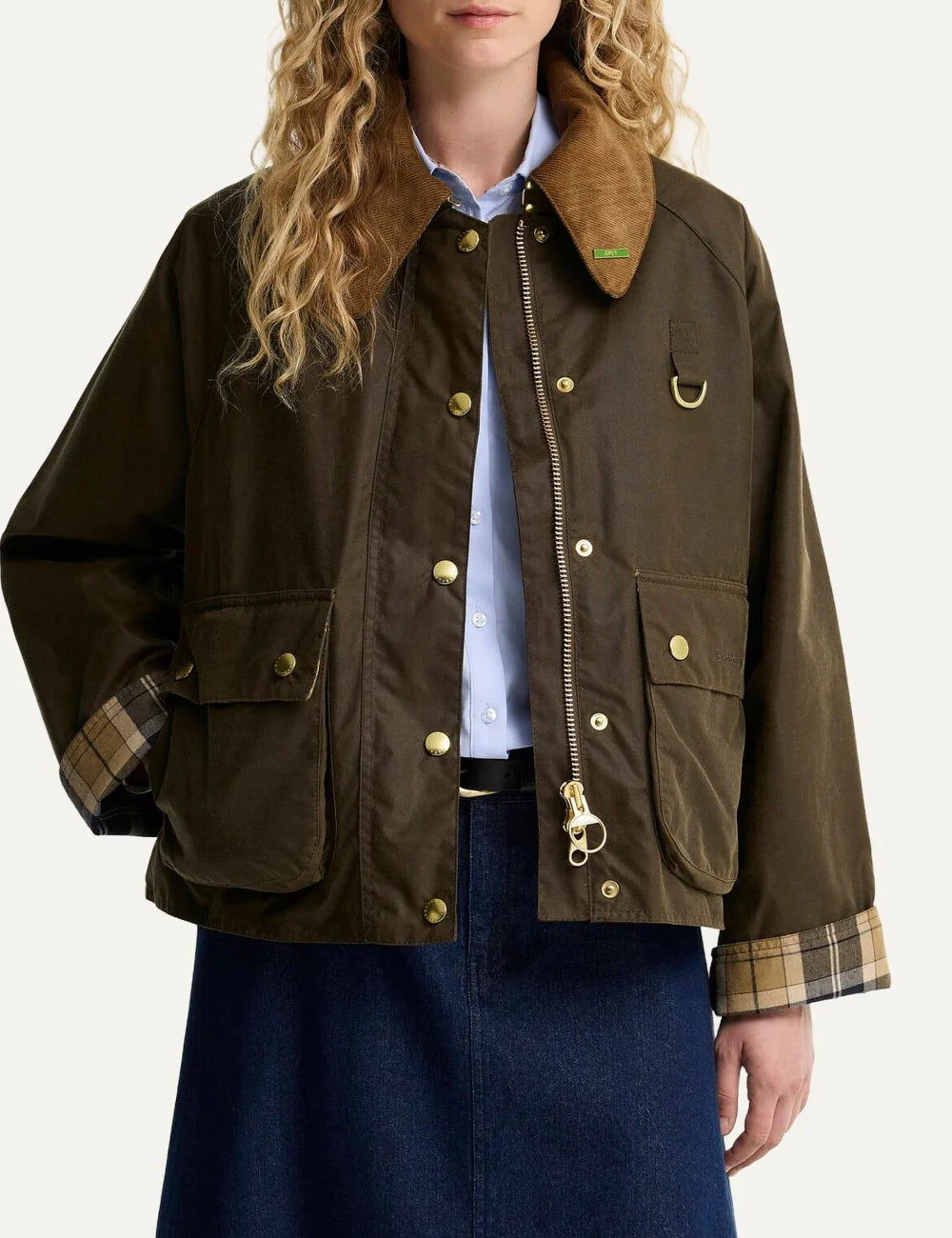 Barbour women Icons Modern Spey dark brown waxed cotton jacket with corduroy collar patch pockets and D-ring detail model