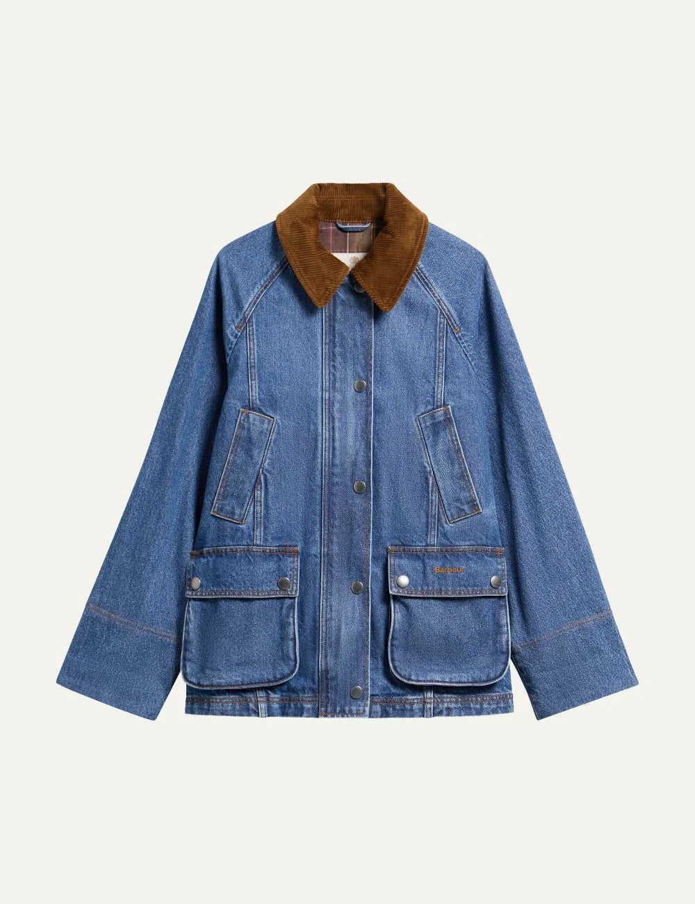 Barbour women Modern Beadnell blue denim jacket with brown corduroy collar and utility pockets