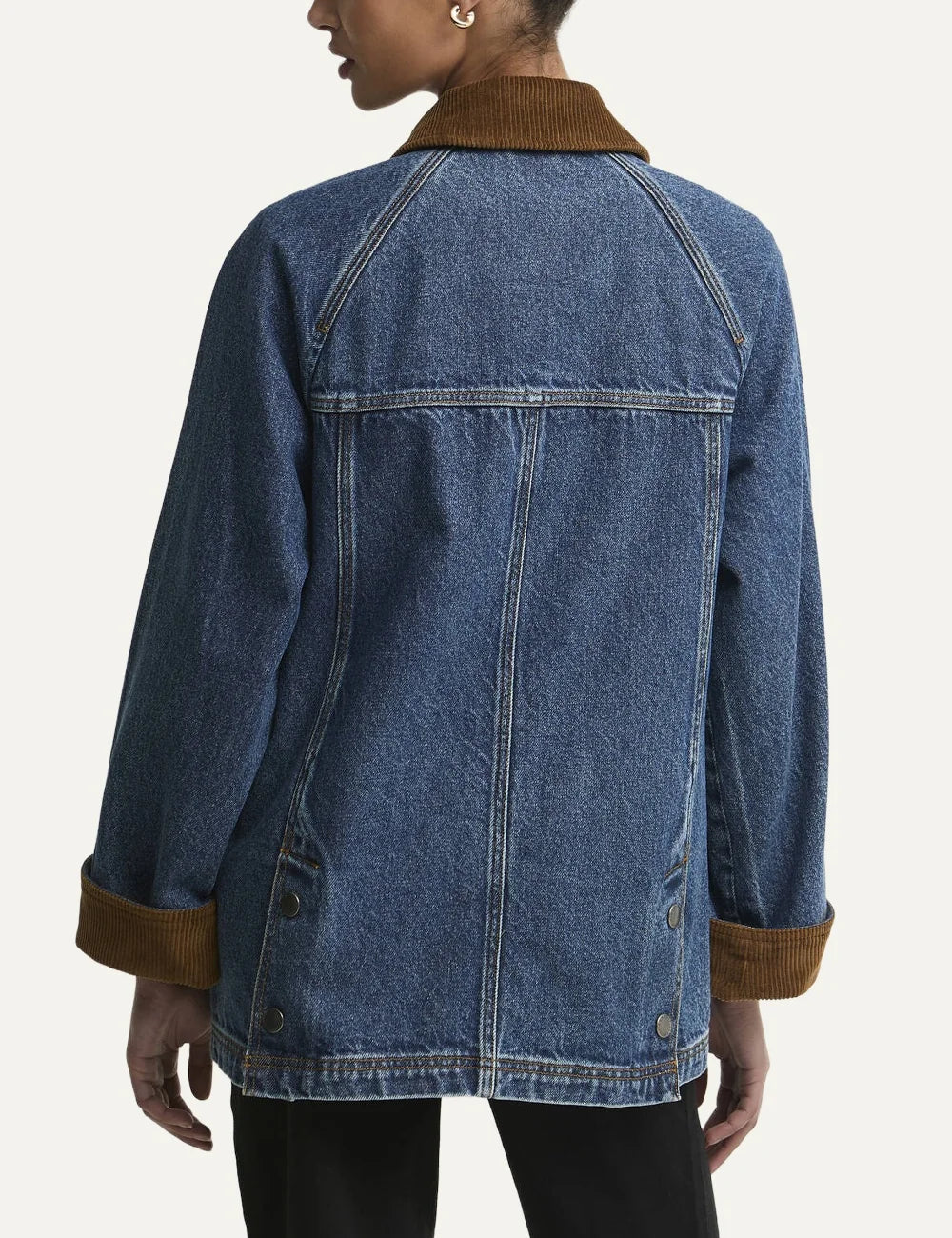 Barbour women Modern Beadnell blue denim jacket with brown corduroy collar and utility pockets back