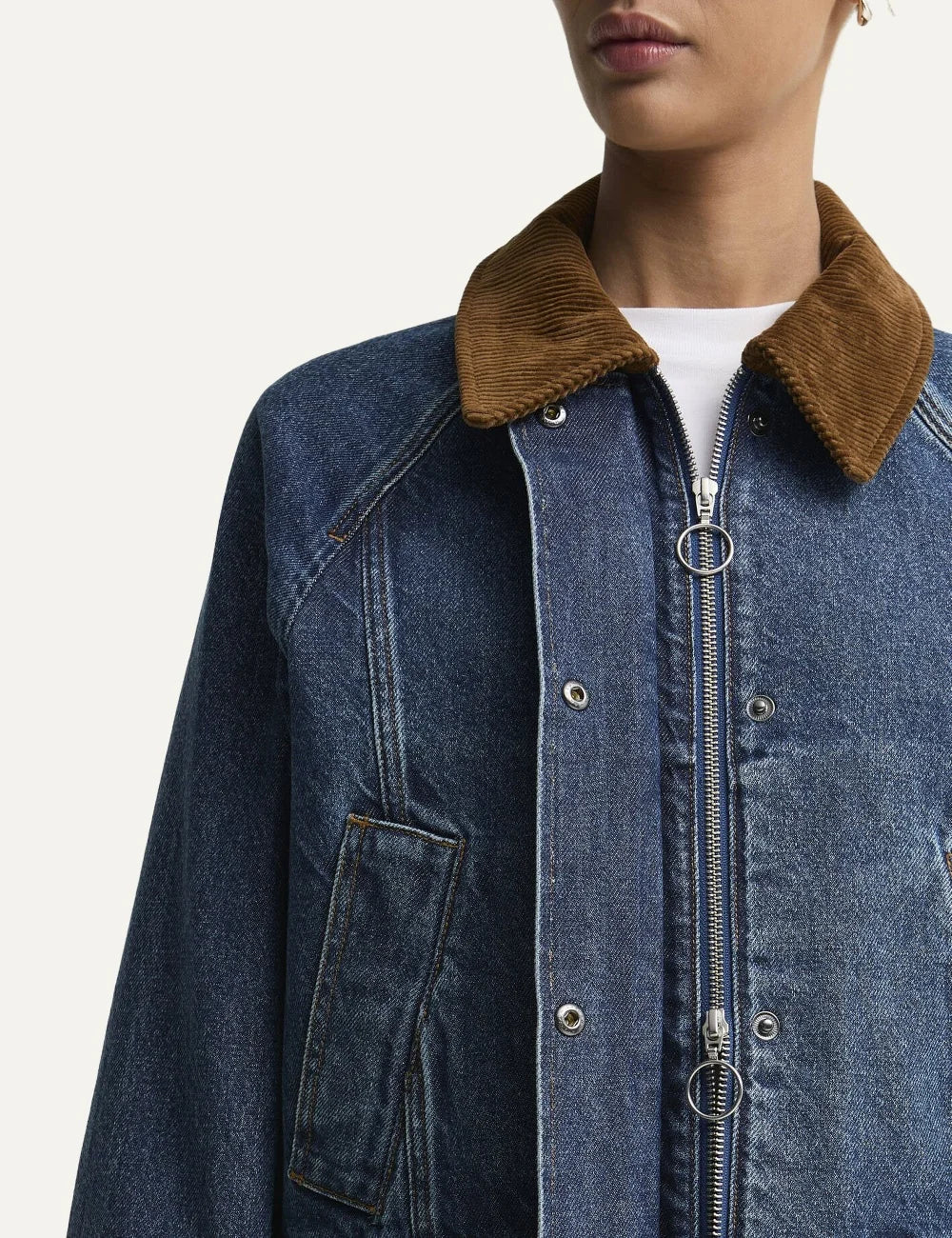 Barbour women Modern Beadnell blue denim jacket with brown corduroy collar and utility pockets detail