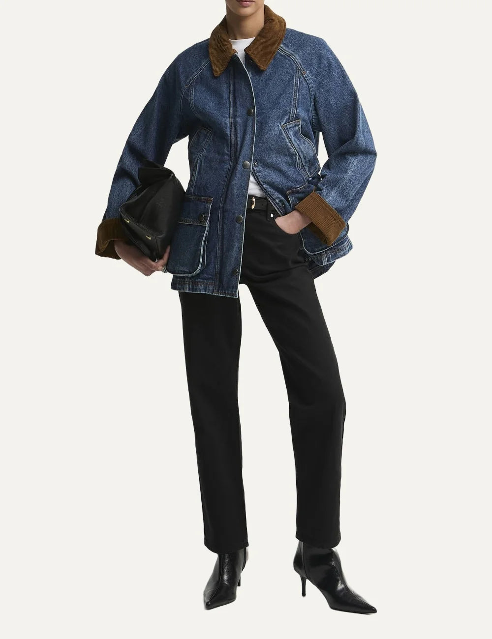 Barbour women Modern Beadnell blue denim jacket with brown corduroy collar and utility pockets full body