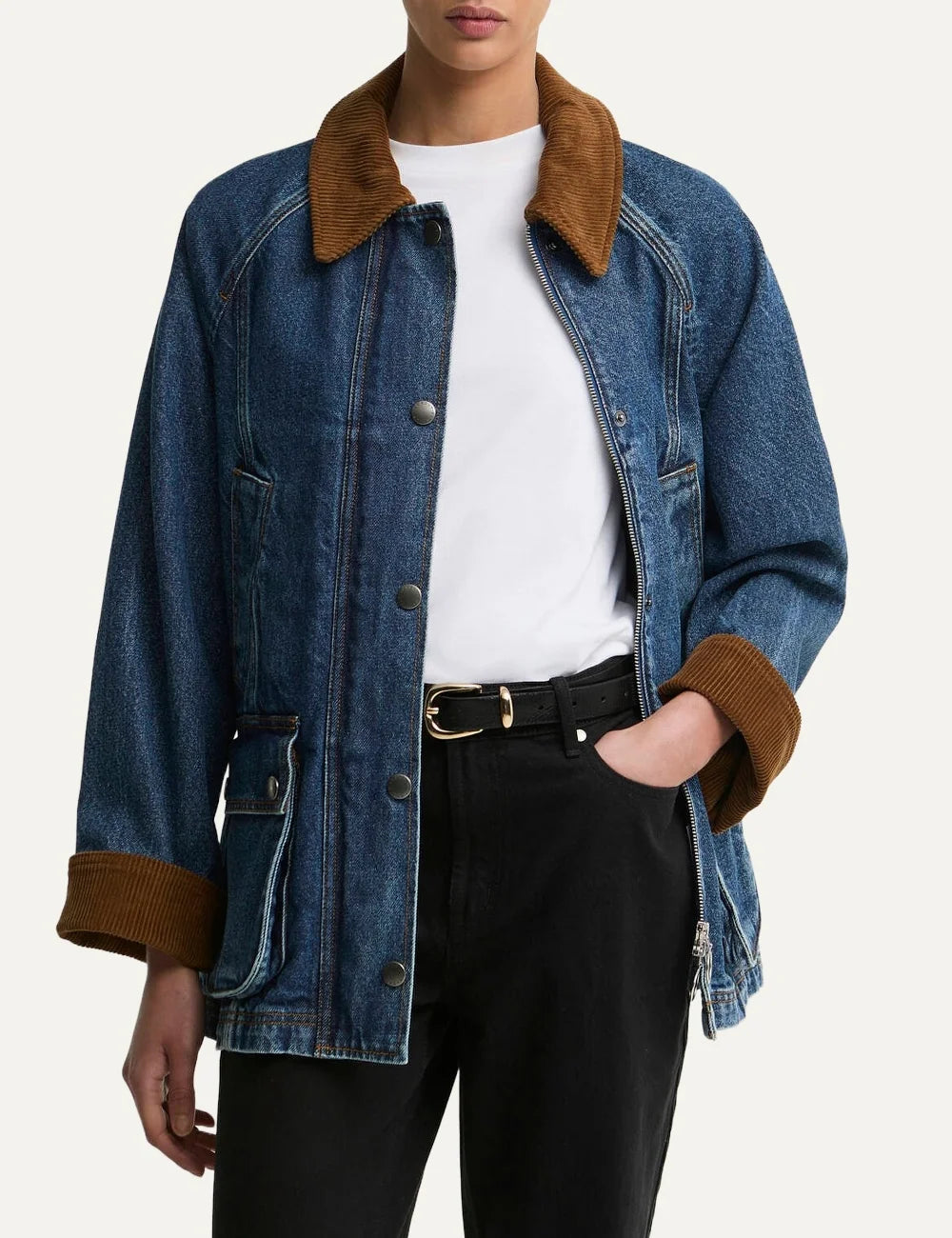 Barbour women Modern Beadnell blue denim jacket with brown corduroy collar and utility pockets model
