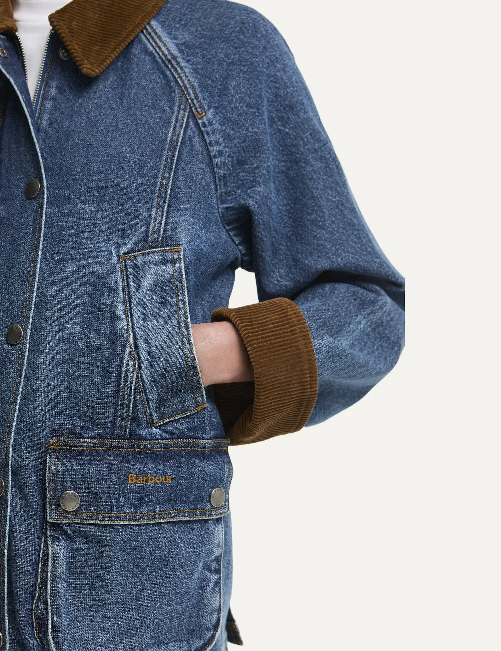 Barbour women Modern Beadnell blue denim jacket with brown corduroy collar and utility pockets pocket