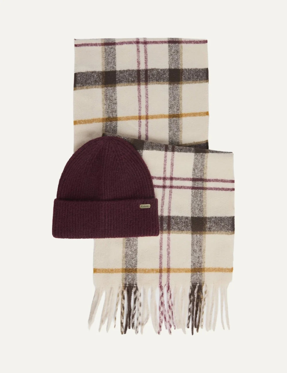 Barbour women Olivia beanie and scarf gift set with burgundy beanie and ecru tartan scarf