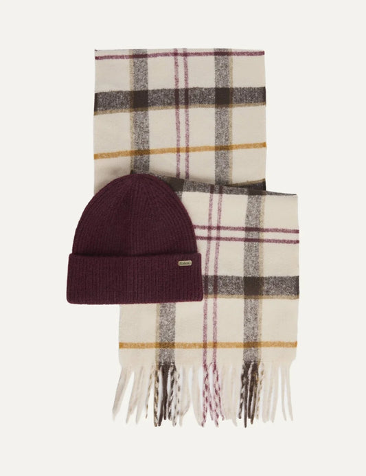 Barbour women Olivia beanie and scarf gift set with burgundy beanie and ecru tartan scarf