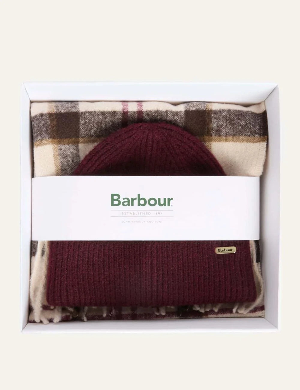 Barbour women Olivia beanie and scarf gift set with burgundy beanie and ecru tartan scarf full