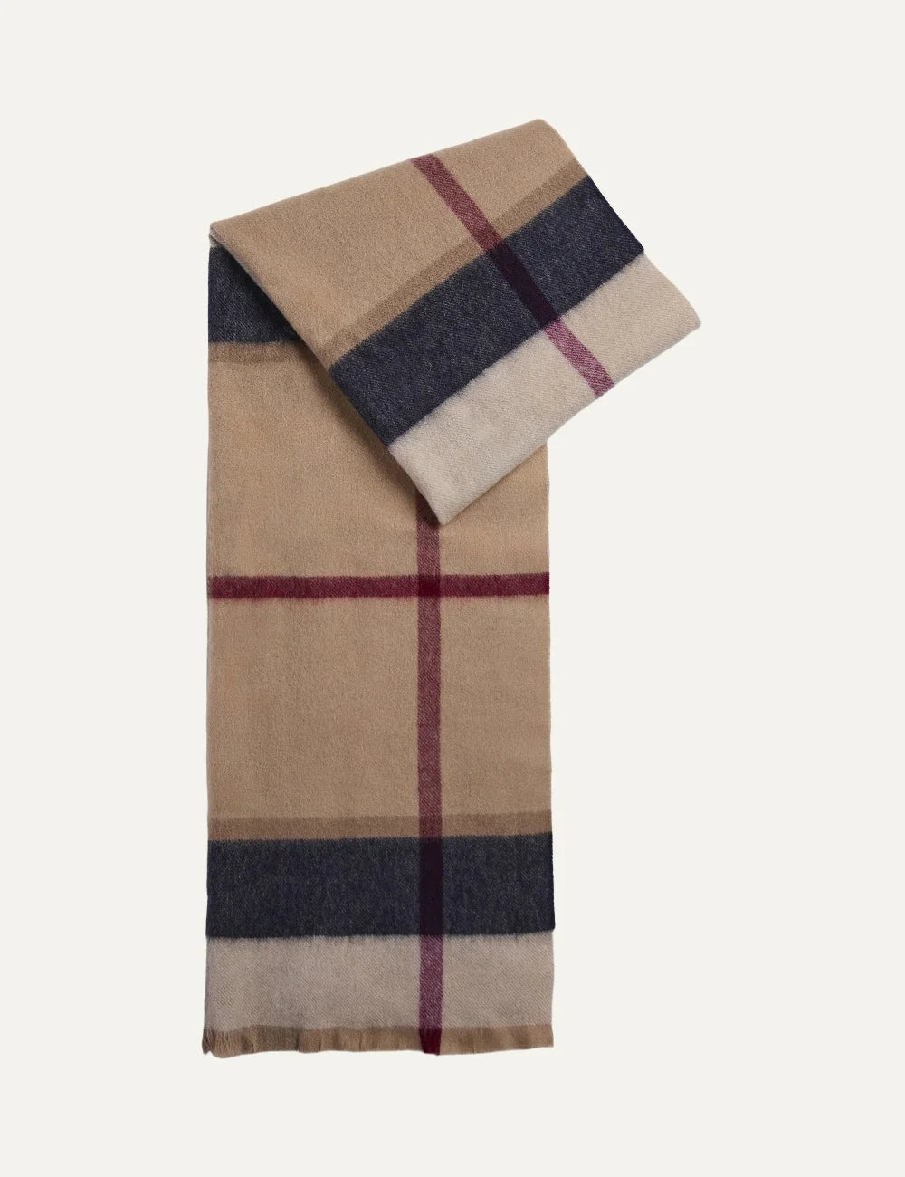 Barbour women Rosefield beige lambswool scarf with navy burgundy and ecru oversized tartan pattern