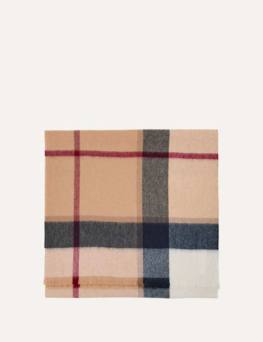 Barbour women Rosefield beige lambswool scarf with navy burgundy and ecru oversized tartan pattern detail