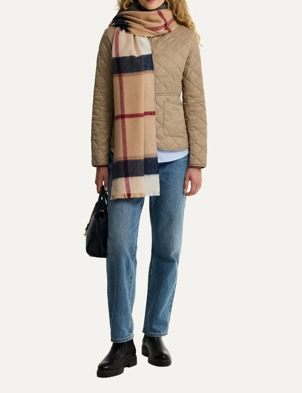 Barbour women Rosefield beige lambswool scarf with navy burgundy and ecru oversized tartan pattern full body