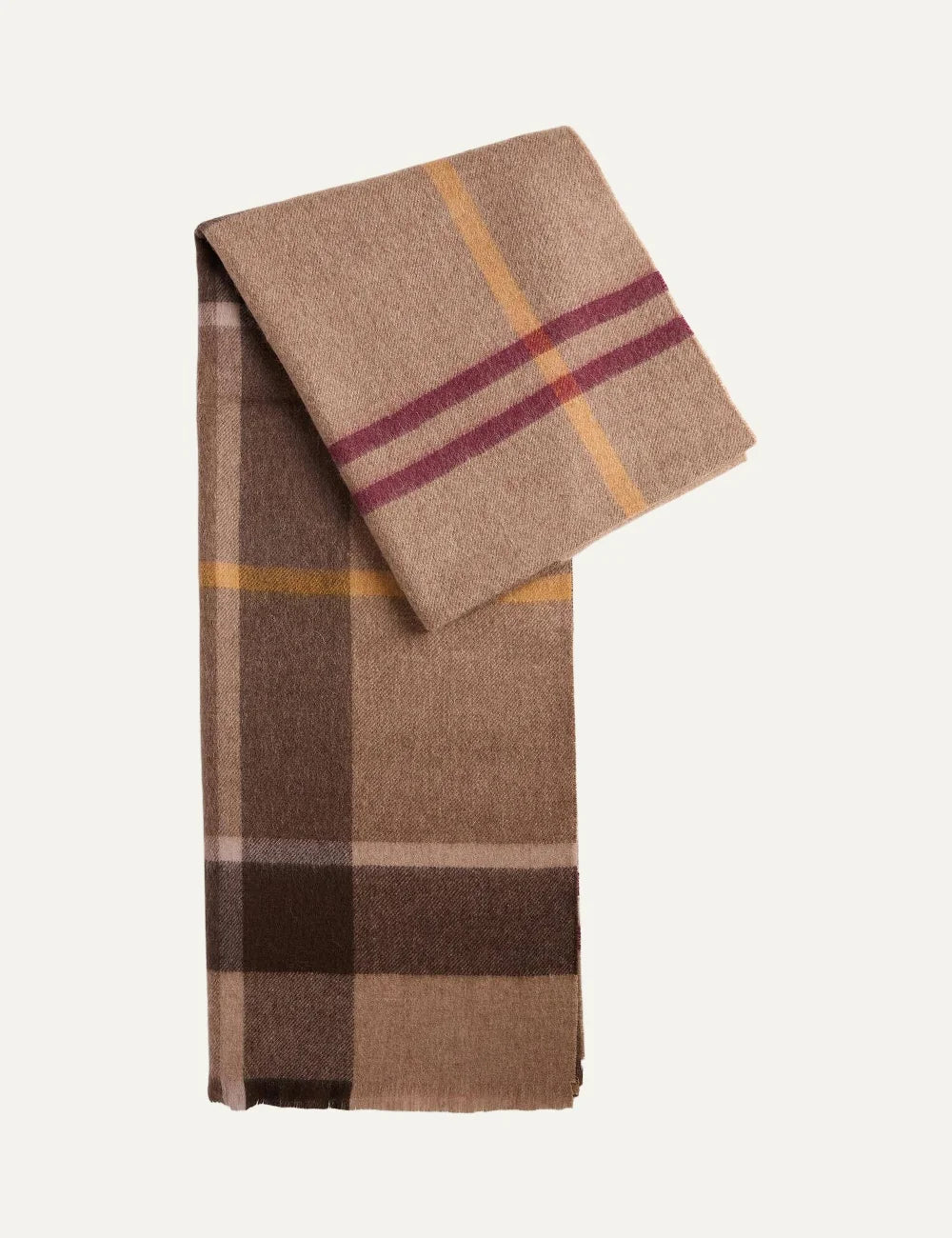 Barbour women Rosefield brown lambswool scarf with burgundy mustard oversized tartan pattern and fringed edges