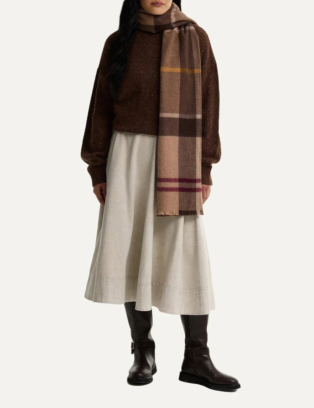 Barbour women Rosefield brown lambswool scarf with burgundy mustard oversized tartan pattern and fringed edges model
