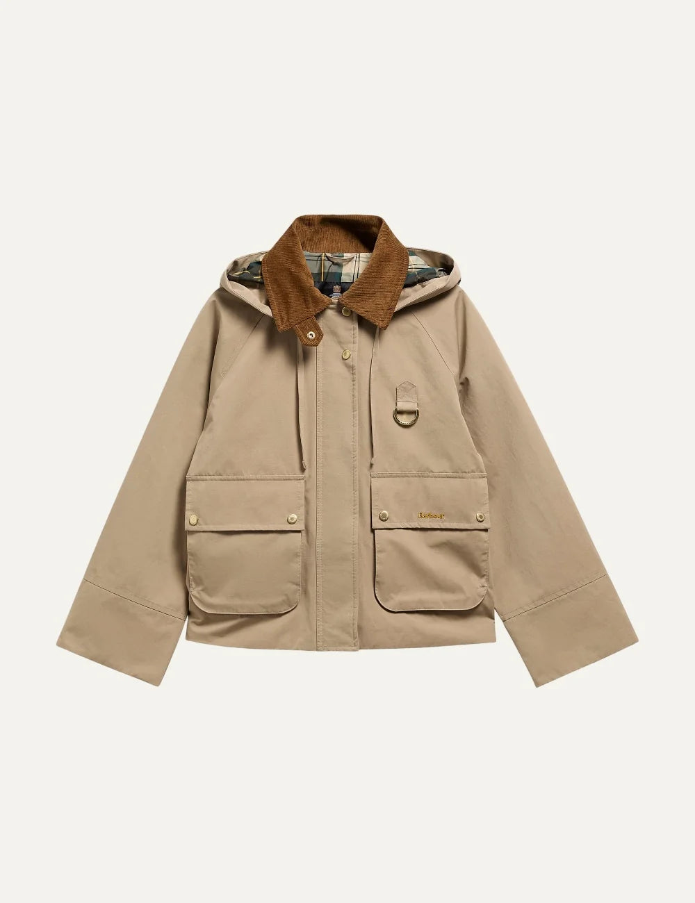 Barbour women Terrington beige showerproof jacket with brown corduroy collar detachable hood and utility pockets