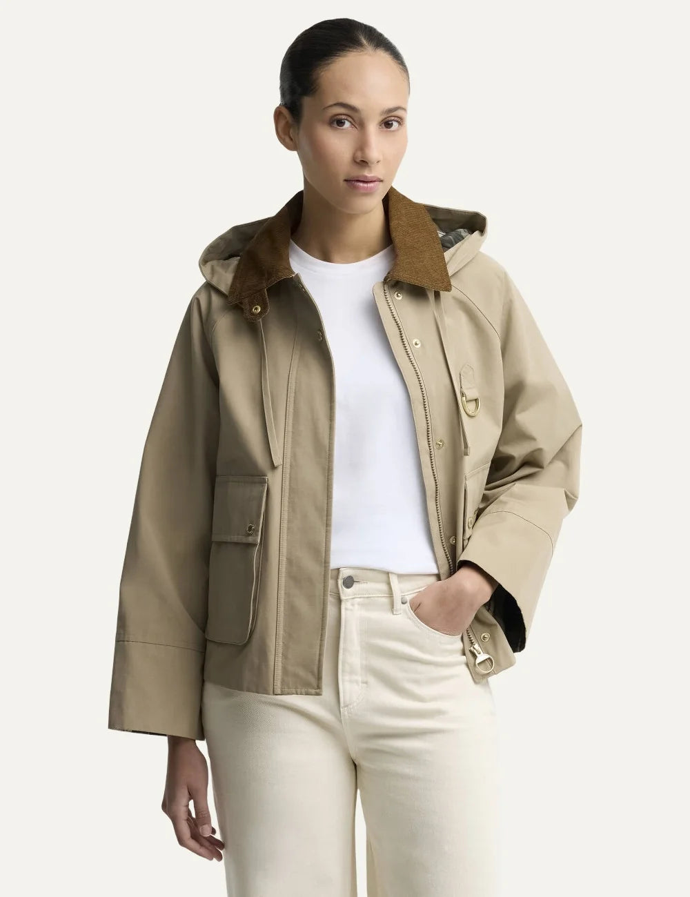Barbour women Terrington beige showerproof jacket with brown corduroy collar detachable hood and utility pockets model