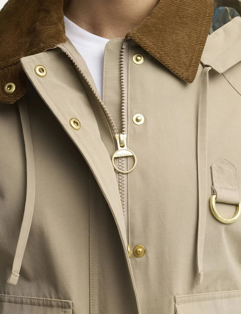 Barbour women Terrington beige showerproof jacket with brown corduroy collar detachable hood and utility pockets detail