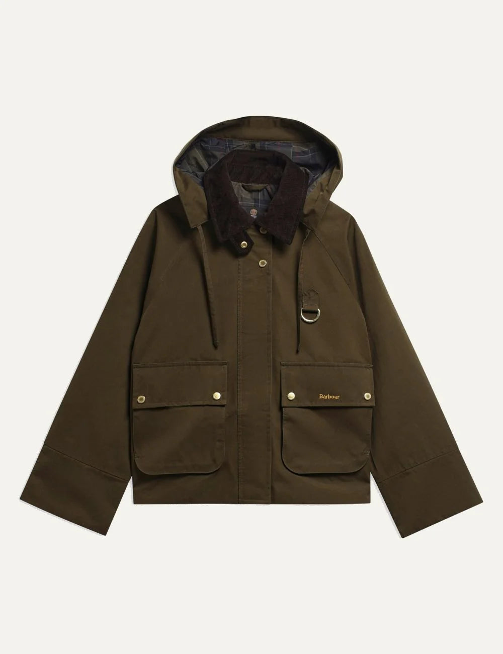 Barbour women Terrington olive showerproof jacket with dark brown corduroy collar detachable hood and utility pockets