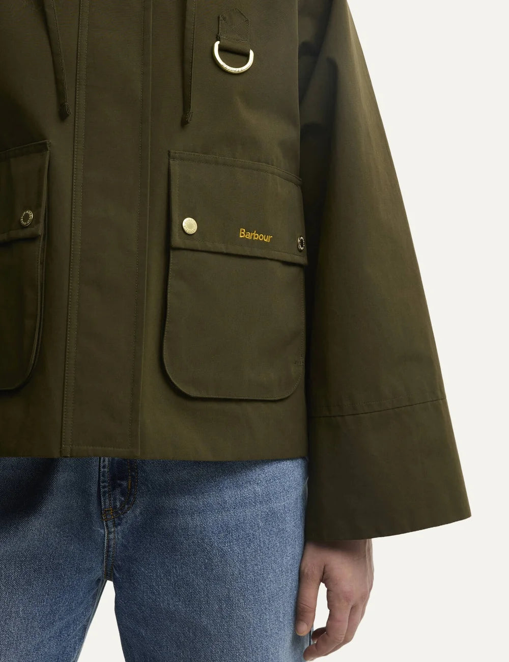 Barbour women Terrington olive showerproof jacket with dark brown corduroy collar detachable hood and utility pockets detail