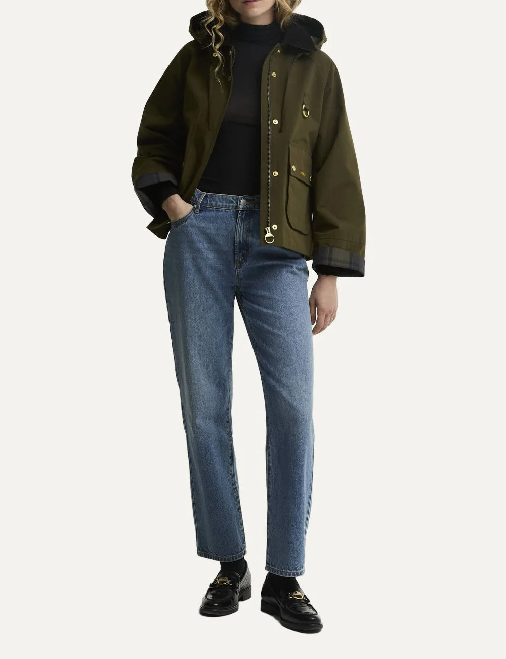 Barbour women Terrington olive showerproof jacket with dark brown corduroy collar detachable hood and utility pockets full body