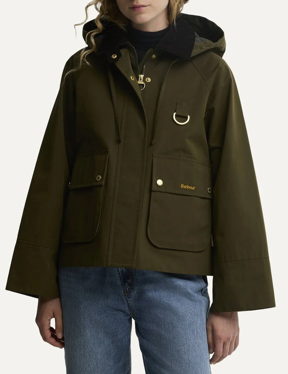 Barbour women Terrington olive showerproof jacket with dark brown corduroy collar detachable hood and utility pockets model