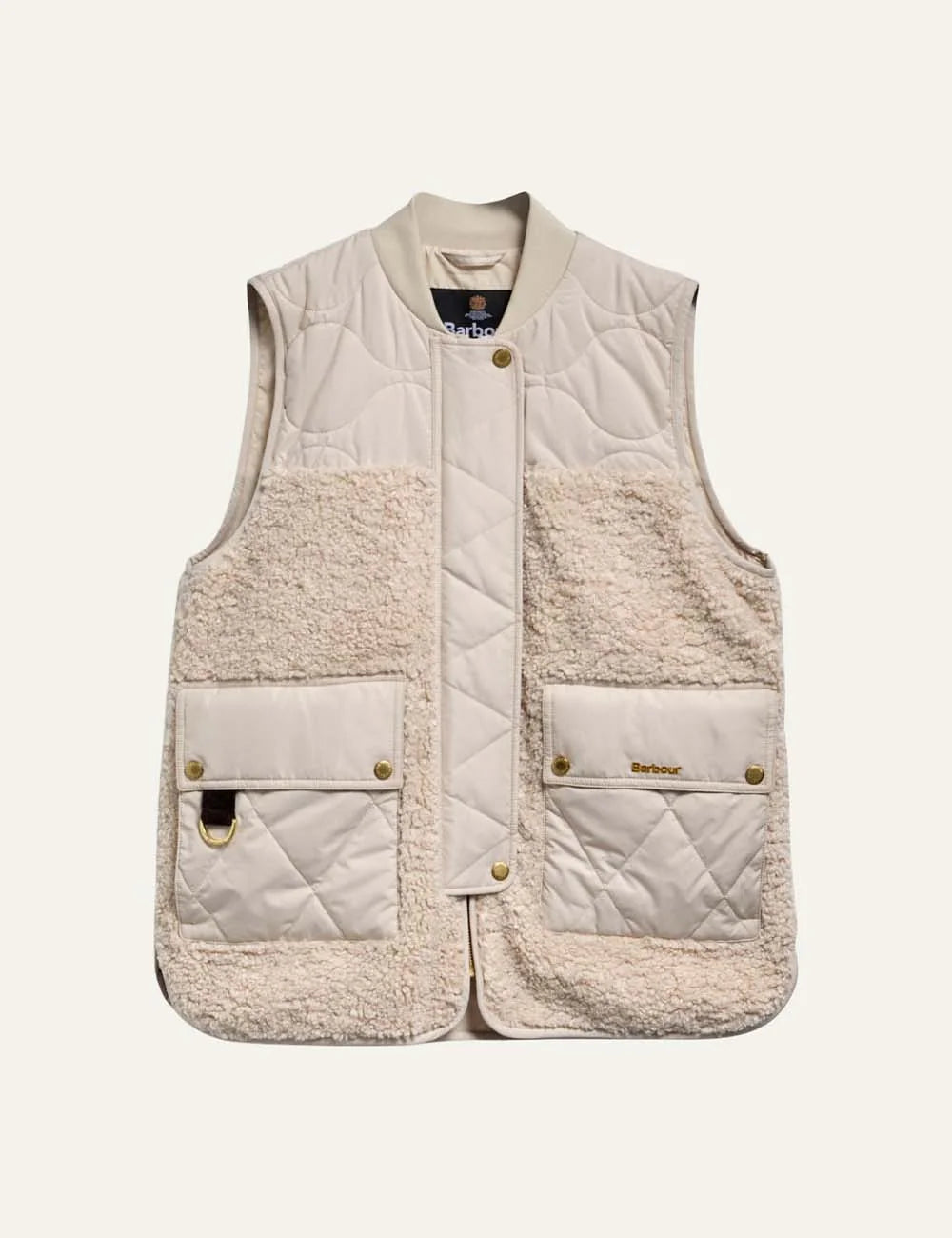 Barbour women's beige fleece and quilted gilet with patch pockets and gold-tone hardware
