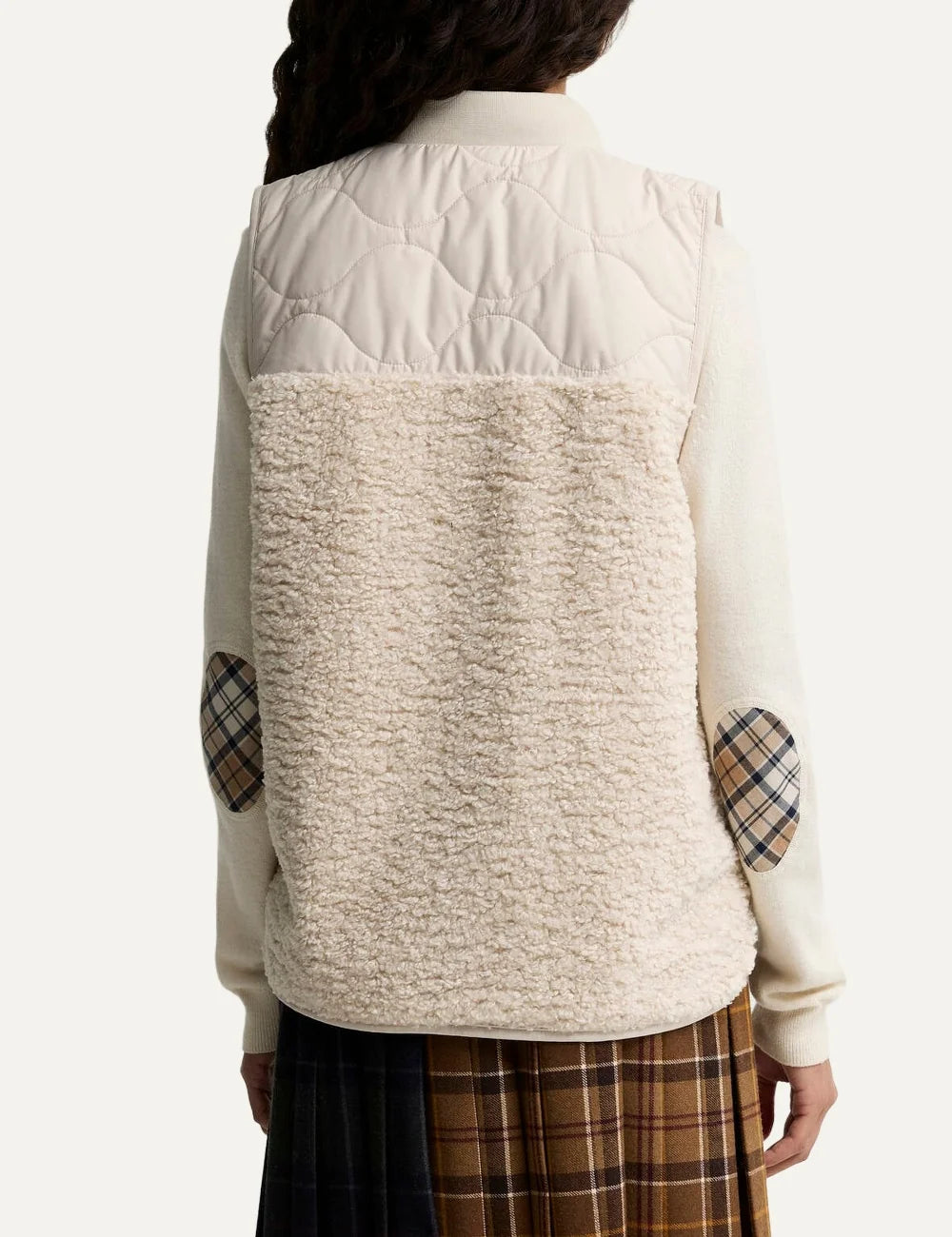 Barbour women's beige fleece and quilted gilet with patch pockets and gold-tone hardware back