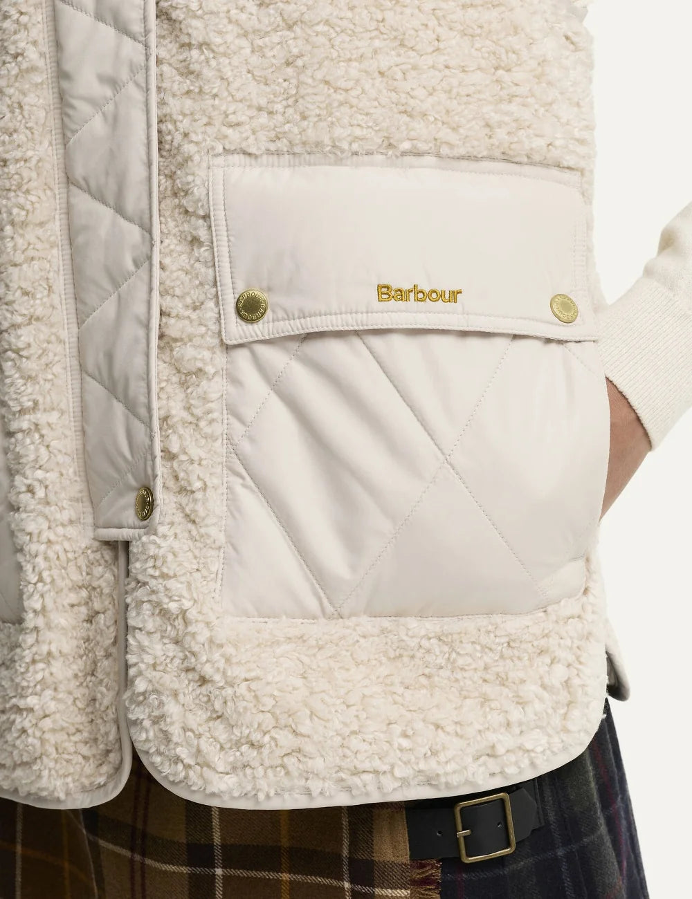 Barbour women's beige fleece and quilted gilet with patch pockets and gold-tone hardware pocket
