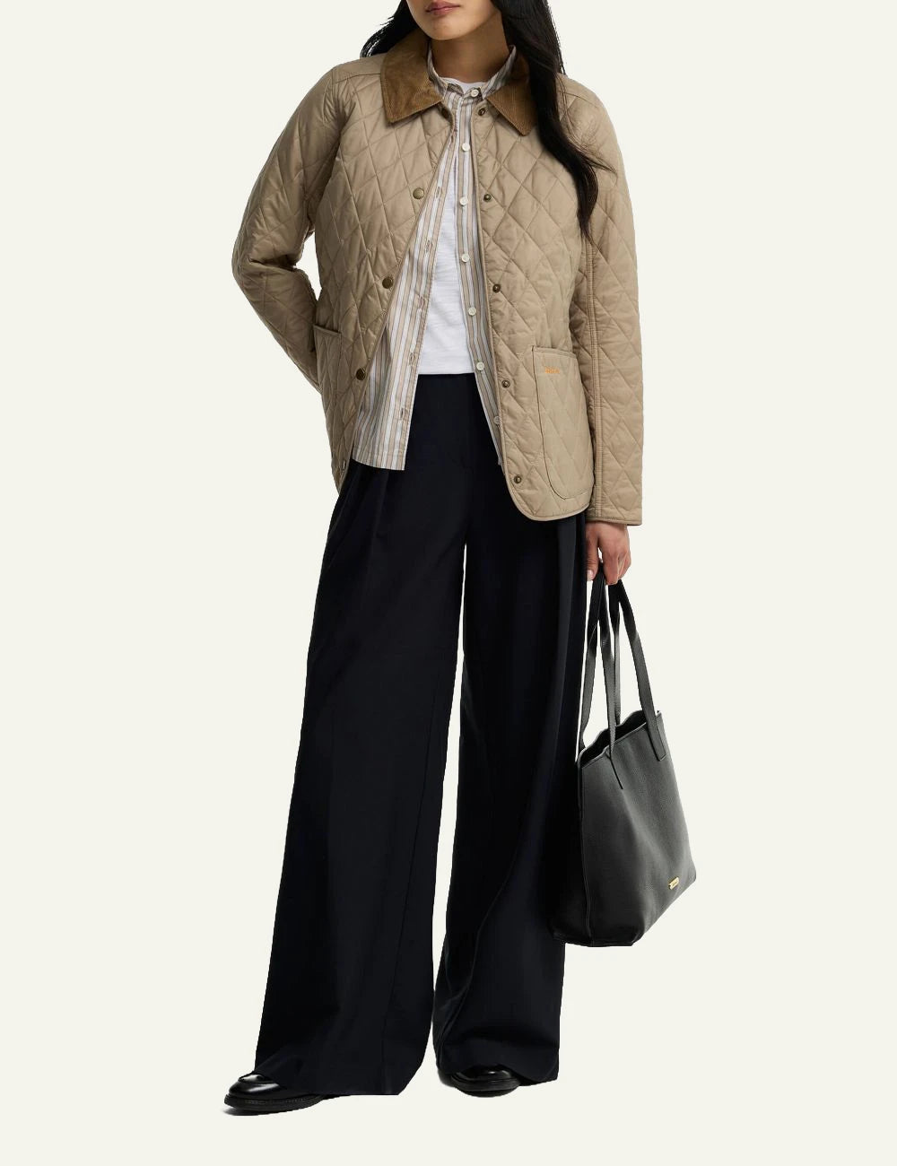 Barbour women's beige quilted jacket with brown corduroy collar full body